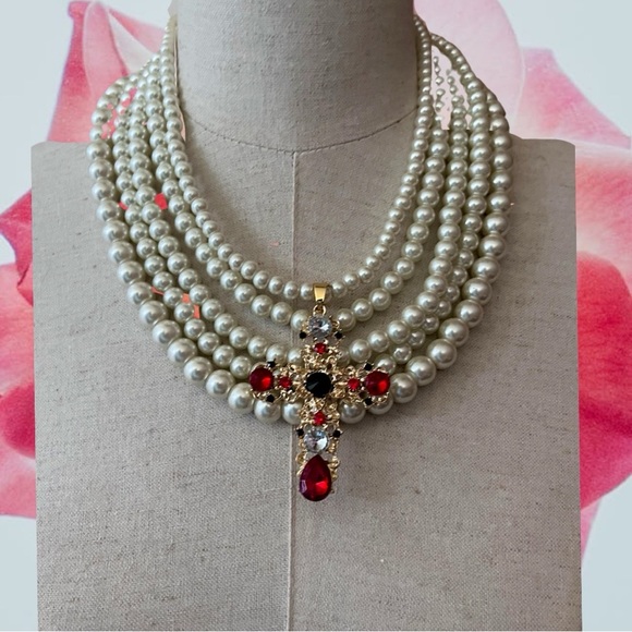 Multi Strand Crystal Ruby Cross Necklace One Of A Kind - Picture 5 of 6